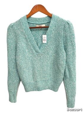 LOFT Mint-Teal Ribbed V-Neck Sweater with Puff Shoulders
